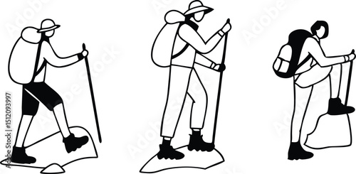 Vector set of black hiker silhouettes in various poses for outdoor adventure designs