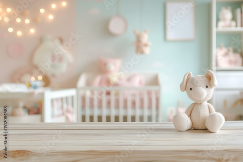 Wooden tabletop mockup with baby room background