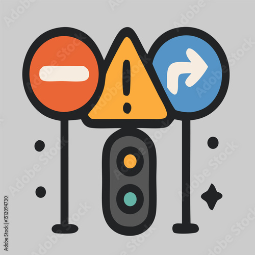 Traffic sign icon vector showing various warning and direction signs with stoplight for transportation, road safety and driving education content needs.