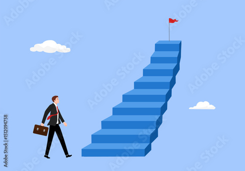 Businessman running up stairway to the top of mountain, Business concept growth and the path to success, Flat design vector illustration