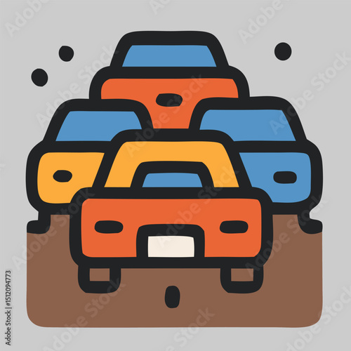 Traffic jam icon vector showing multiple cars on the road in crowded condition representing congestion problem in city urban area in flat color style.