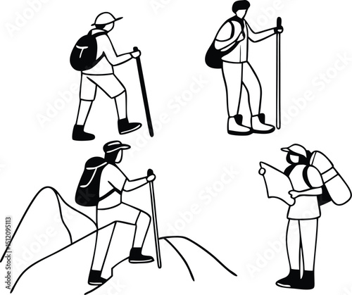 Vector set of ten black silhouette designs of hikers depicting various poses