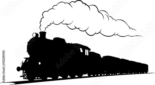 Steam locomotive with carriages icon. Black silhouette. Side view. Vector
