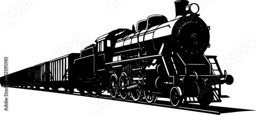 Steam locomotive with carriages icon. Black silhouette. Side view. Vector
