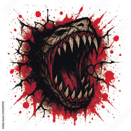 Dark horror vector illustration of a demonic mouth with sharp fangs breaking through a wall. Red blood splatters and cracks emphasize the terrifying and aggressive atmosphere.