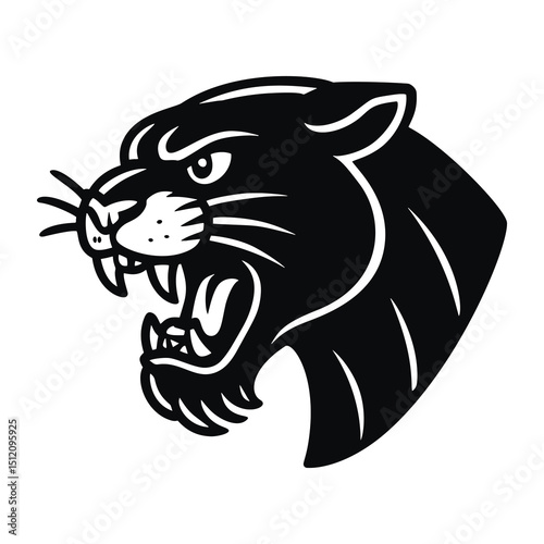 Vector silhouette of a roaring panther head in profile. Bold black illustration with sharp lines and aggressive expression on white background. Perfect for logos, emblems, prints or tattoos. Isolated.