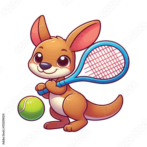 Cute cartoon kangaroo playing tennis, isolated and on white background.