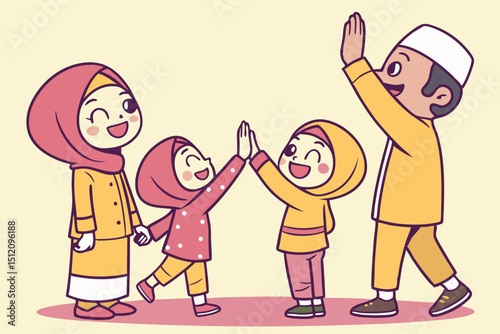 Family in bright hijab and peci high-fiving, chibi, solid background