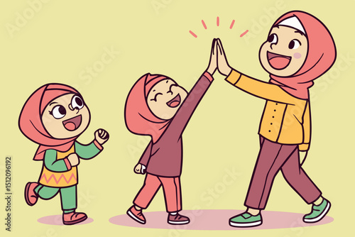 Family in bright hijab and peci high-fiving, chibi, solid background