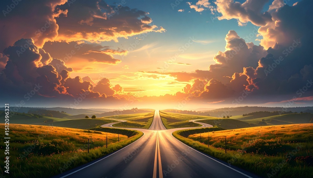 Naklejka premium A forked road under a vast sky symbolizes life choices and transitions.