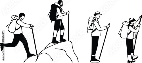 Vector set depicting various poses of hiker silhouettes for outdoor adventure designs