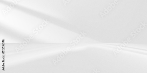 Background White Wall Studio.Kitchen Room with Light,Shadow on Desk,Empty Backdrop Grey Podium Display with for Cosmetic Product,Interior Room with Sunlight onConcrete Wall Surface and Floor Texture