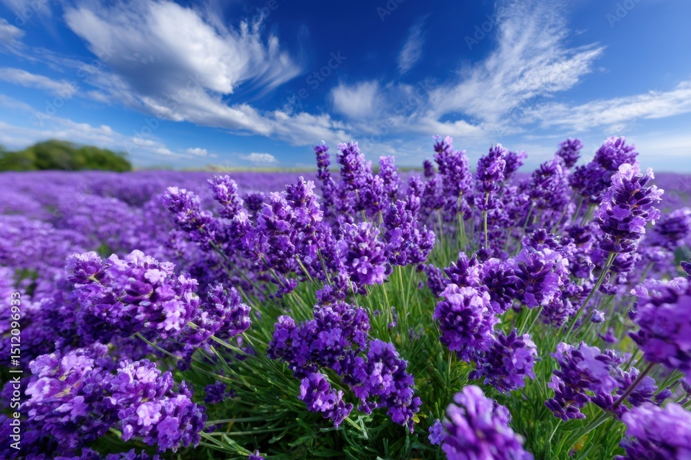 Obraz premium Purple lavender flowers bloom under a vibrant blue sky in the countryside during summer