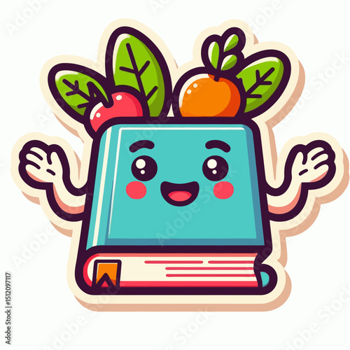 cheerful cartoon book with arms, holding an apple and an orange, perfect for education, learning, or healthy living websites and blogs.