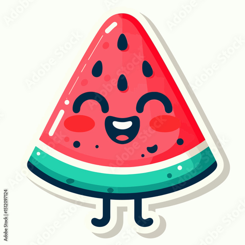 cute, smiling cartoon watermelon slice with seeds and a green rind. Ideal for websites/blogs on summer, fruit, healthy eating, kids' content, or refreshing themes.

