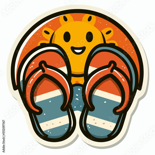 A summer-themed sticker featuring a smiling sun behind flip-flops, ideal for travel, vacation, or seasonal promotion websites and blogs.