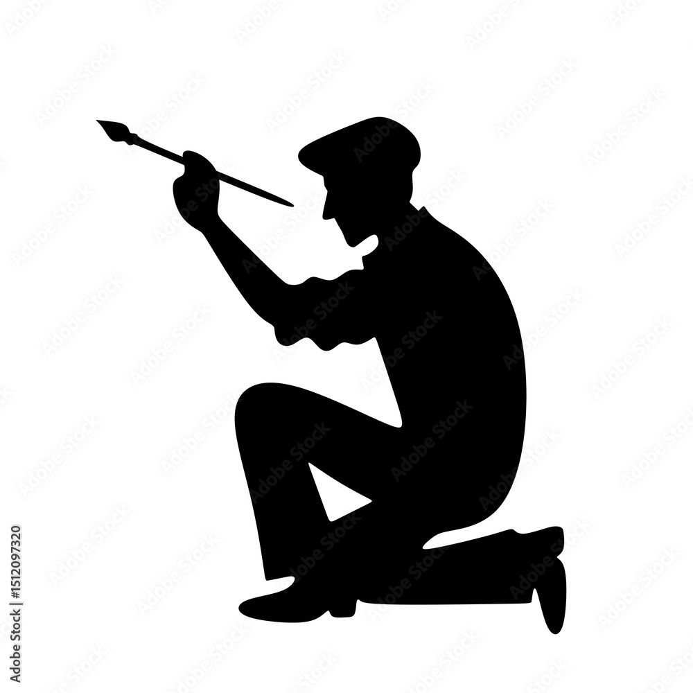 Naklejka premium Minimalist Silhouette Kneeling Artist with Brush Creating Artwork Illustration Graphic