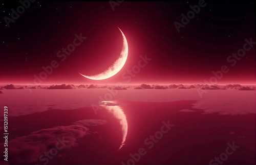 Crescent Moon under Scarlet Night Sky