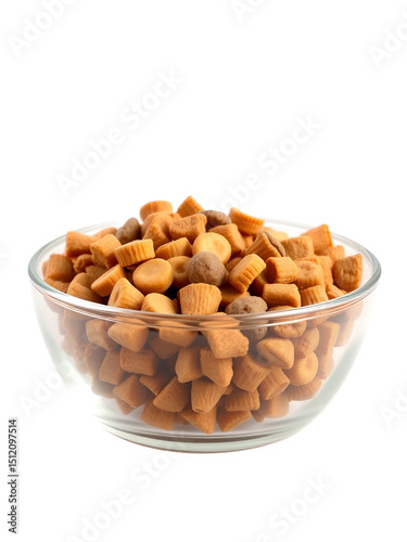Dry pet food in a bowl, photo from the side,  isolated on a transparent background
