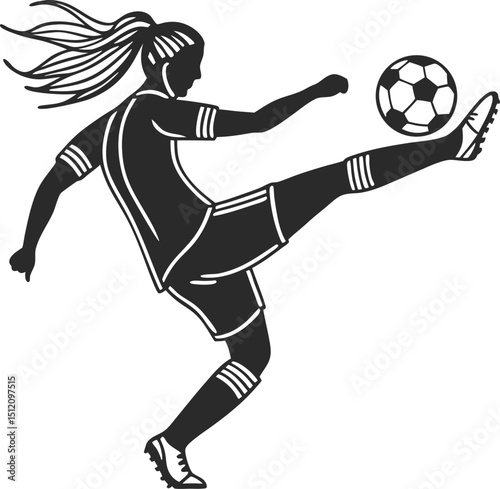 Dynamic black silhouette of a female soccer player kicking the ball with athletic grace
