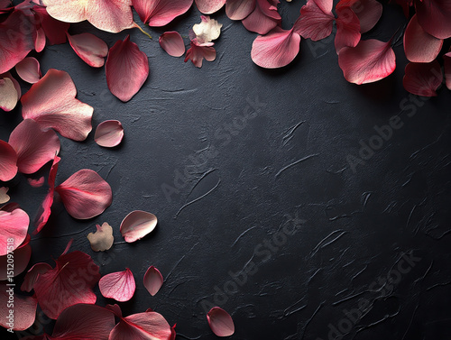 Pink rose petals scattered on textured dark background create romantic and elegant atmosphere. contrast between soft petals and rough surface adds depth and interest