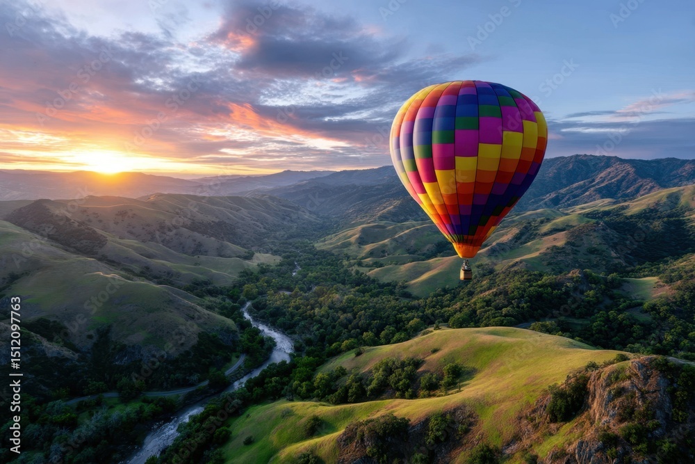 Obraz premium Colorful hot air balloon glides over valleys during sunrise in scenic landscape