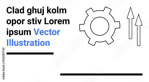 Gear with two upward arrows alongside bold text and geometric lines indicate growth, progress, or functionality. Ideal for industry, workflow, mechanics, growth, strategy, minimalism simple landing