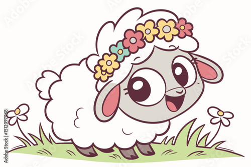 Chibi sheep wearing flower crown, smiling, flat vector art