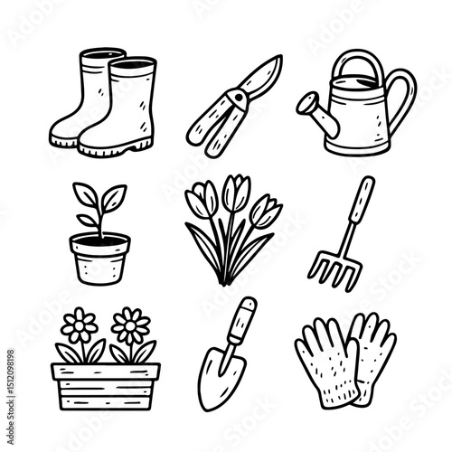 Vector illustration of gardening tools and plants in black and white. Perfect for garden design projects, horticulture enthusiasts, or spring-themed graphics. Gardening gear, nature.