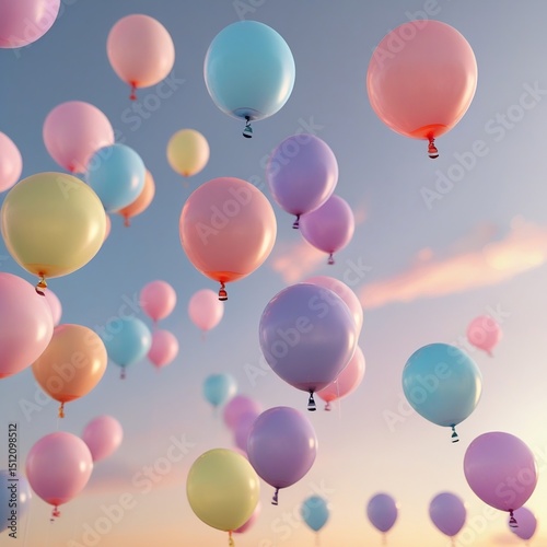Colorful balloons floating in pastel sky at sunset. Perfect for celebration, party, birthday, and festive event design backgrounds