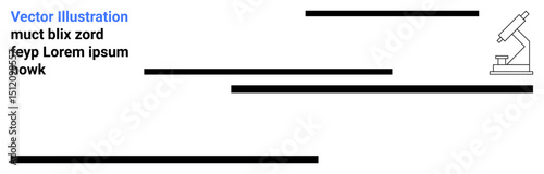 Microscope on the right with horizontal black text blocks of varying lengths. Ideal for research, science, education, analysis, experimentation, healthcare, laboratory, simple landing page