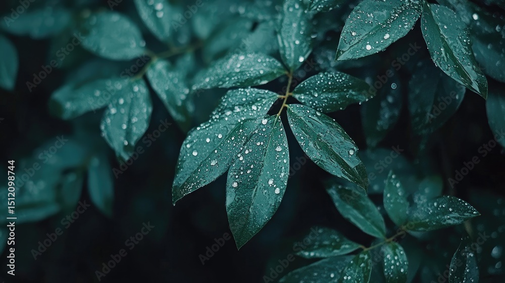 Fototapeta premium Close-up view of lush, teal-toned leaves with water droplets.