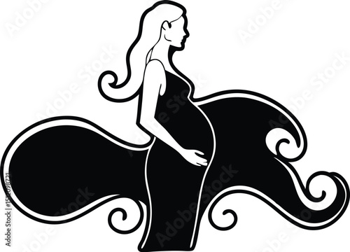 Elegant black silhouette vector design of a pregnant woman in side profile with transparency