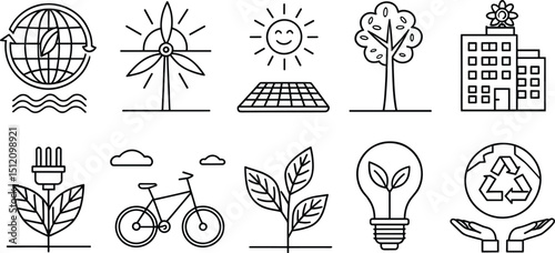 Eco Friendly Sustainability Line Art Icons Featuring Renewable Energy, Recycling, Green Buildings, and Nature Conservation for Environmental Design and Vector Illustration Projects on Adobe Stock