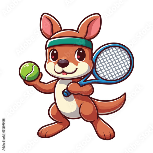Cute cartoon kangaroo playing tennis, isolated and on white background.