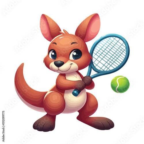 Cute cartoon kangaroo playing tennis, isolated and on white background.