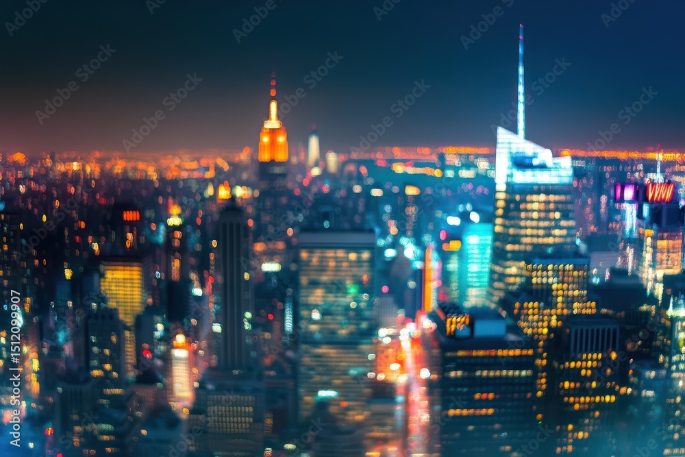 Obraz premium Blurry city skyline glowing with night lights