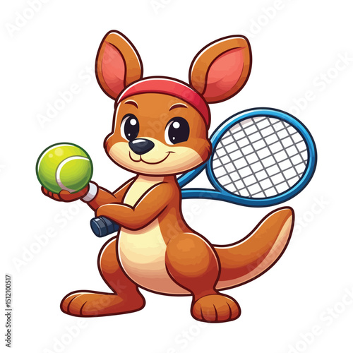 Cute cartoon kangaroo playing tennis, isolated and on white background.