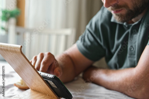 Man uses a phone while sitting at table in modern dining room. Young bearded man at home using cell phone, swiping, tapping and sliding device touch screen. Watching news, reading stories social media