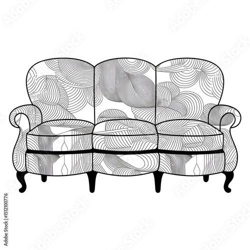 ‎A black and white sofa  illustration line art of a coloring page