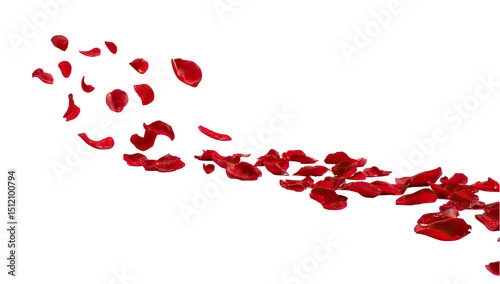 Red rose petals, seemingly floating or falling, in a wavy stream against a black background photo