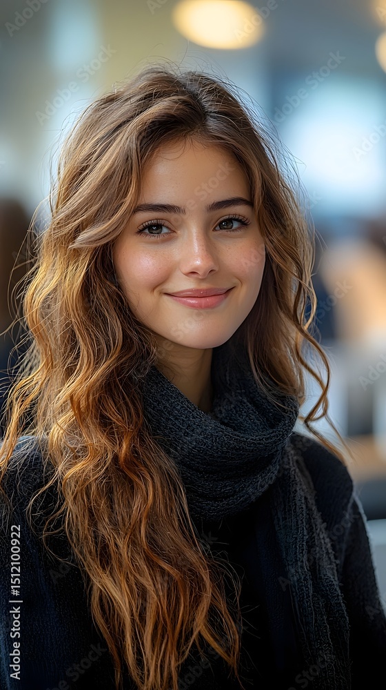 Obraz premium A smiling woman with long curly hair in a winter scarf outdoors in the city