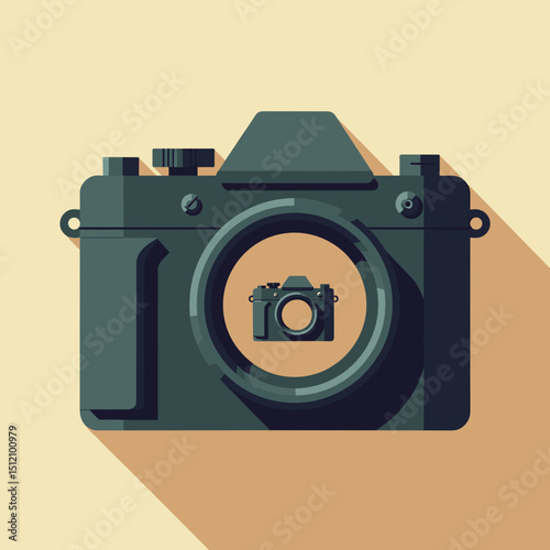 Retro camera icon, flat design, in shades of teal, for photography blogs, with space for copy