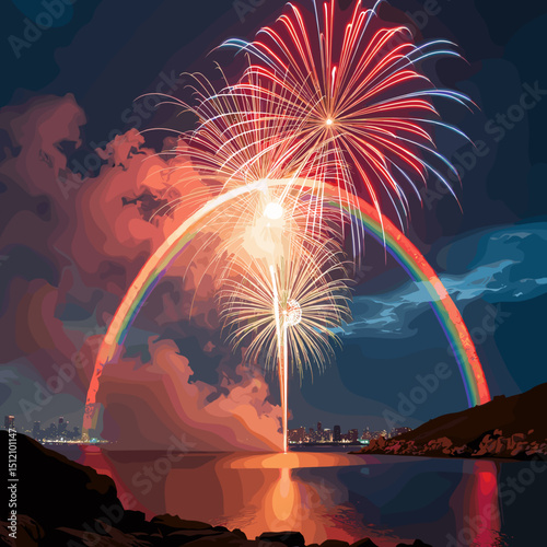 Festive fireworks over water, with rainbow, at night