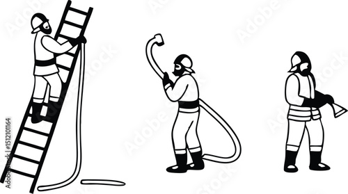 Vector silhouette set of firefighters in action depicting courage and bravery ready for duty