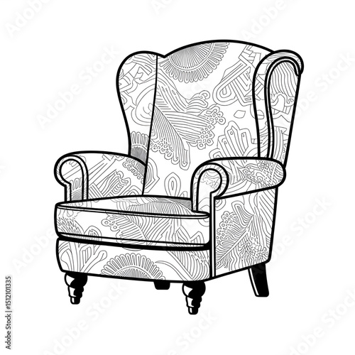 ‎A black and white armchair  illustration line art of a coloring page