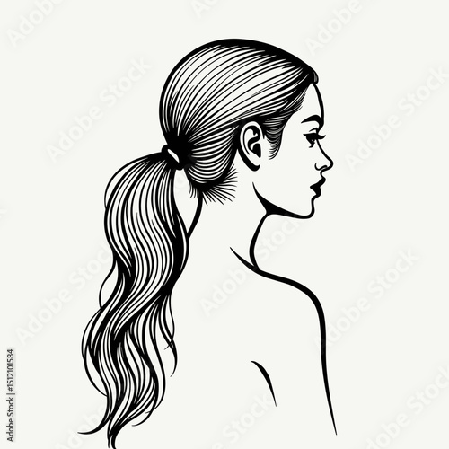 Line art of a young woman in profile, long hair in ponytail, against a white background with space for copy