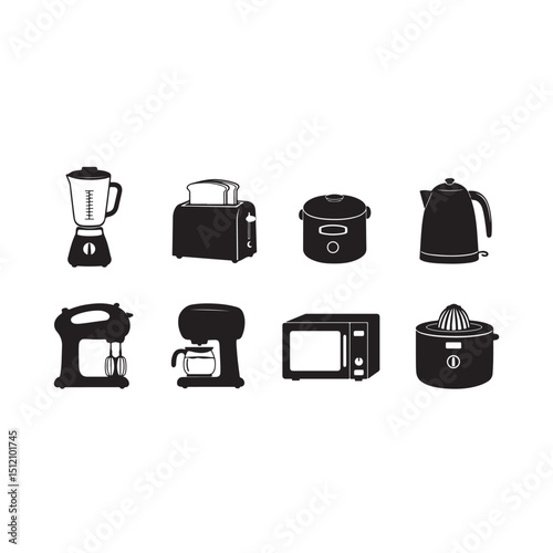 Vector silhouette icons of kitchen appliances