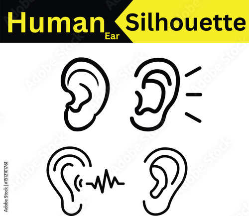Human Ear Silhouette Icons: A collection of vector illustrations depicting the human ear in various styles and states, suitable for use in medical, audiology, or hearing-related contexts.