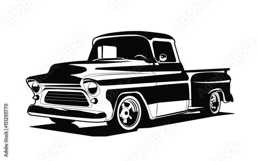 A classic pickup truck drawn with bold black lines, used by vintage fans and brands for retro designs, ads, apparel, and to show strength and nostalgia.